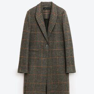 Zara Plaid Brown Grey Long Tailored Coat Jacket Single Breast Size Small